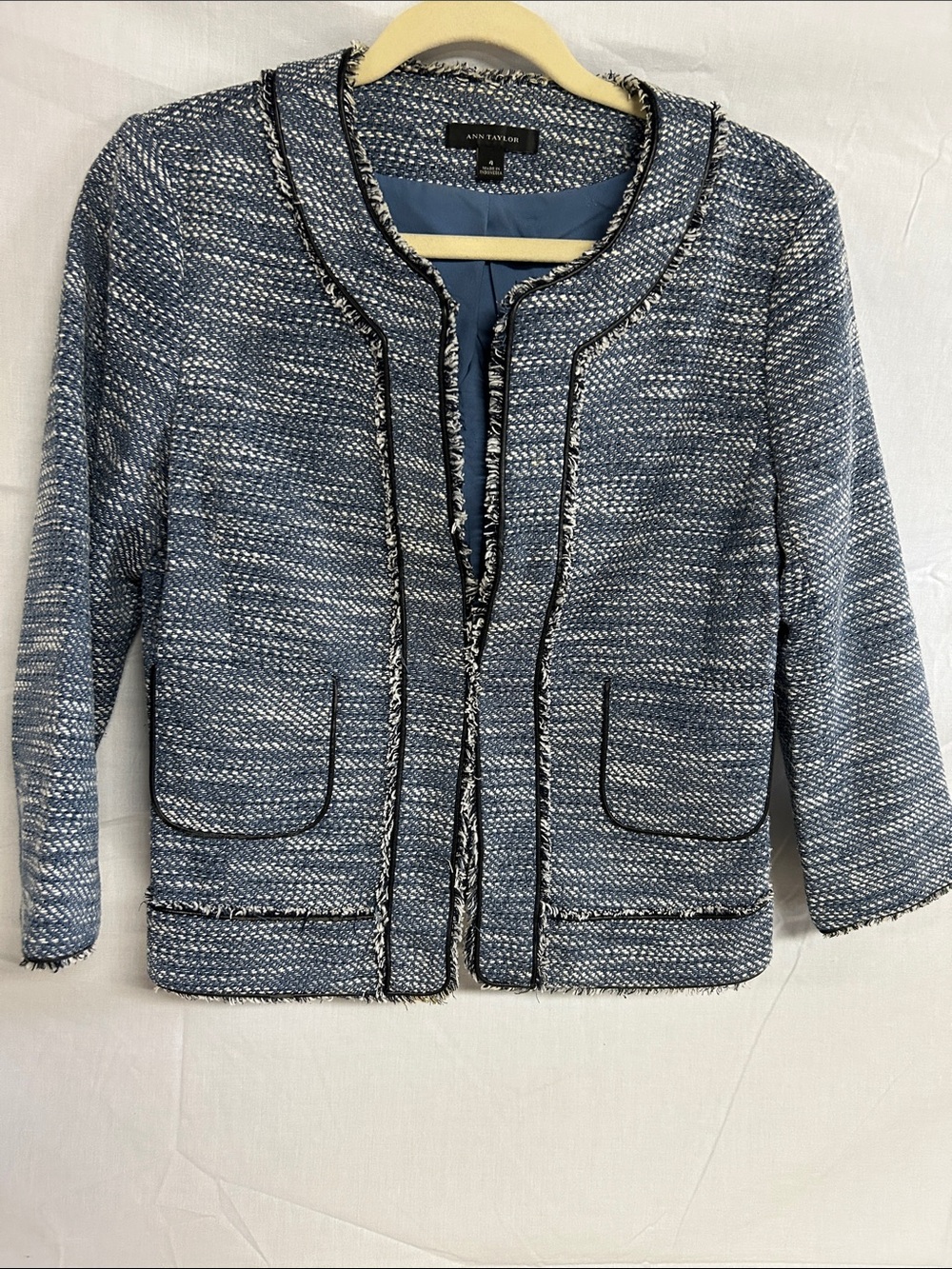 Ann Taylor Blue and White Tweed Collarless Jacket